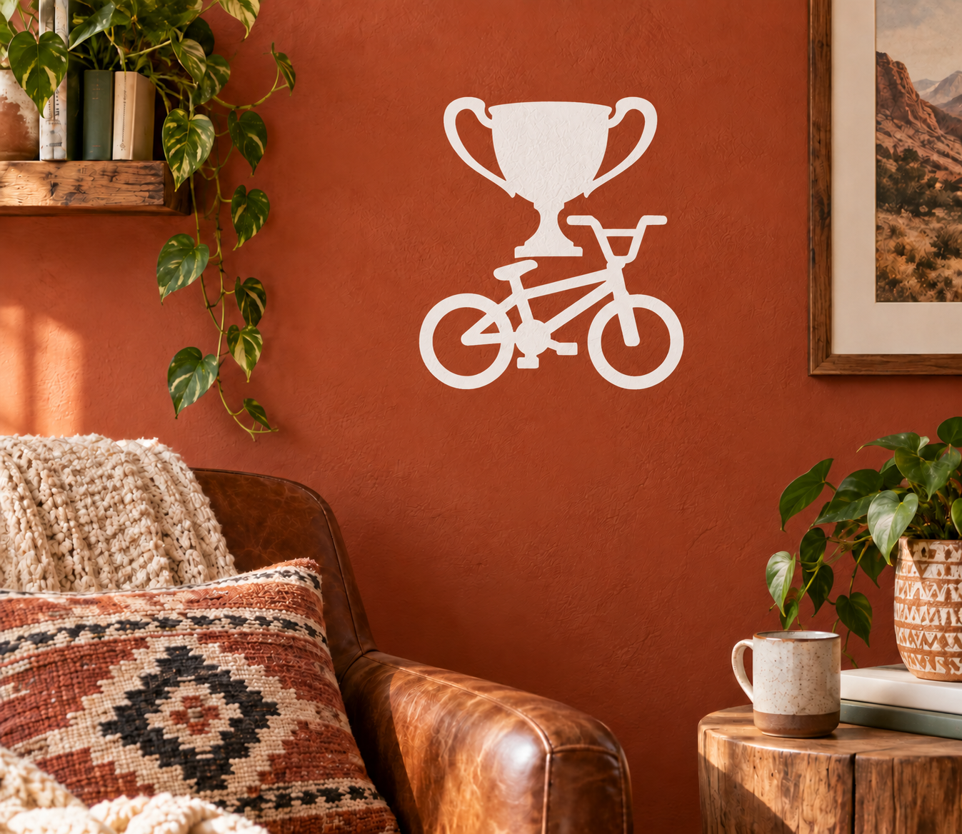 Vinyl BMX trophy decal with white trophy and bicycle icon