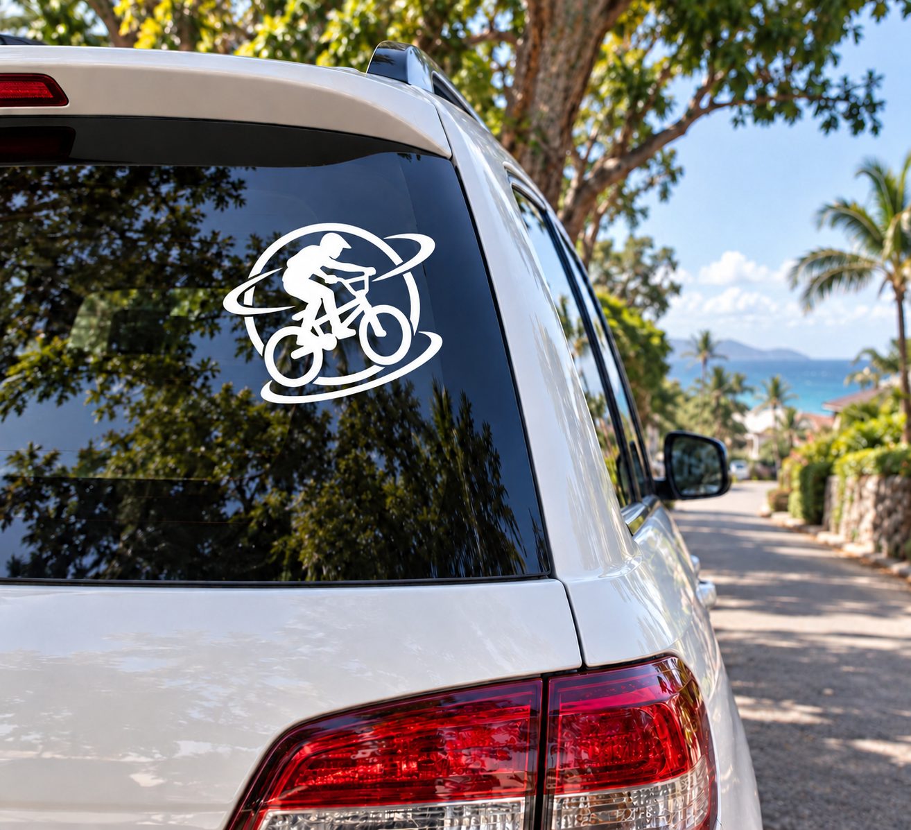 BMX wheel orbit vinyl decal with rider silhouette, white graphic on dark window