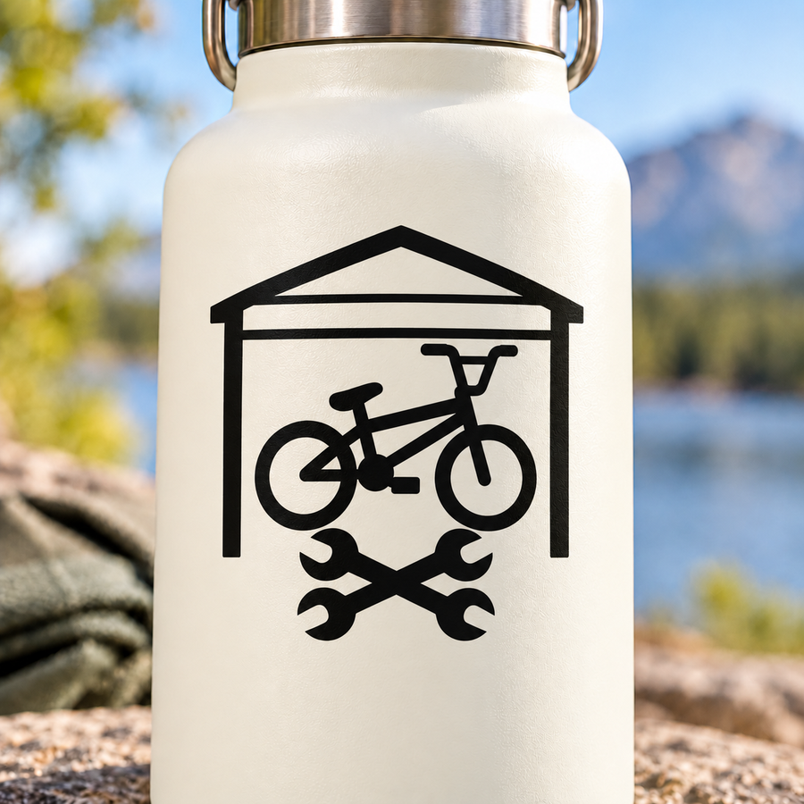 Black BMX garage vinyl decal with bike under shelter and crossed wrench shapes