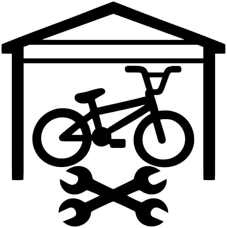 Black BMX garage vinyl decal showing bike icon under roof with crossed tools