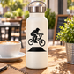 BMX vinyl decal of rider on bicycle over jump ramp, shown on a white bottle