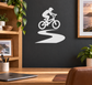 BMX track ribbon vinyl decal with bike rider silhouette, white on dark surface