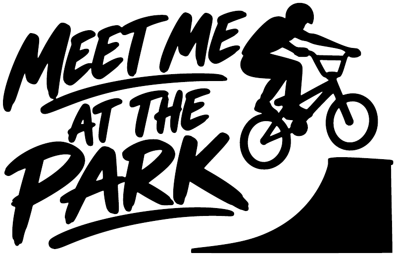 Vinyl decal graphic: “Meet Me at the Park” text with BMX rider, black on white