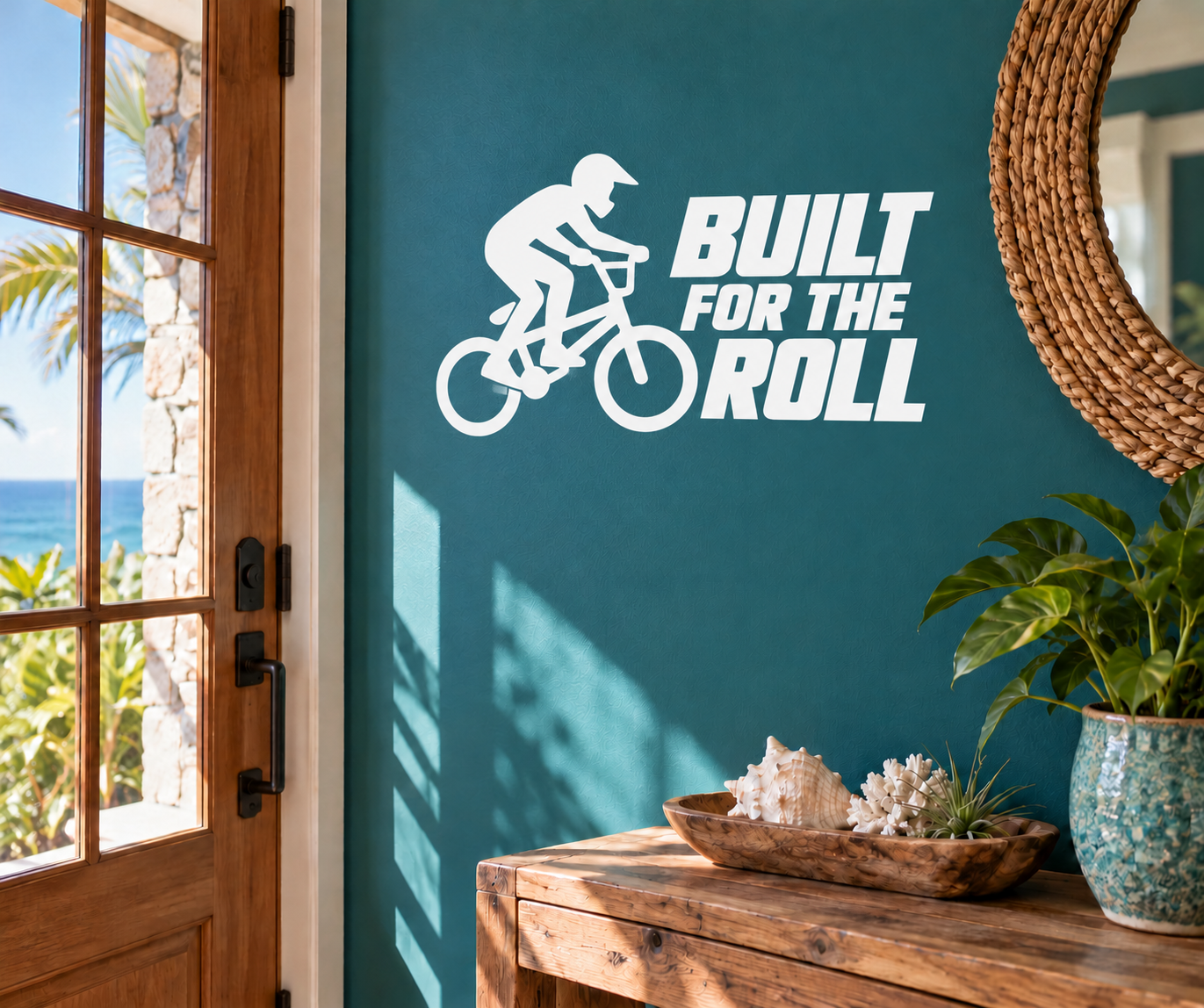 White BMX cyclist and "BUILT FOR THE ROLL" vinyl decal
