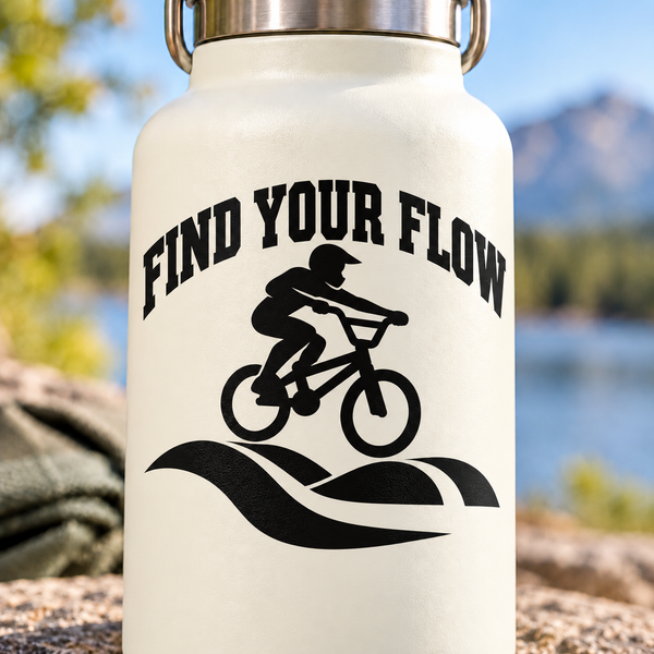 White bottle with black vinyl decal: “FIND YOUR FLOW” BMX rider on wave flame