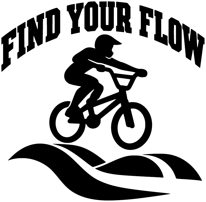 Black vinyl decal reading “FIND YOUR FLOW” with BMX rider and flame wave graphic
