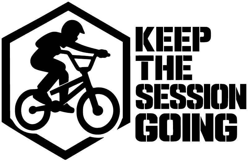 Black and white BMX vinyl decal with rider silhouette and 'Keep the Session Going' lettering