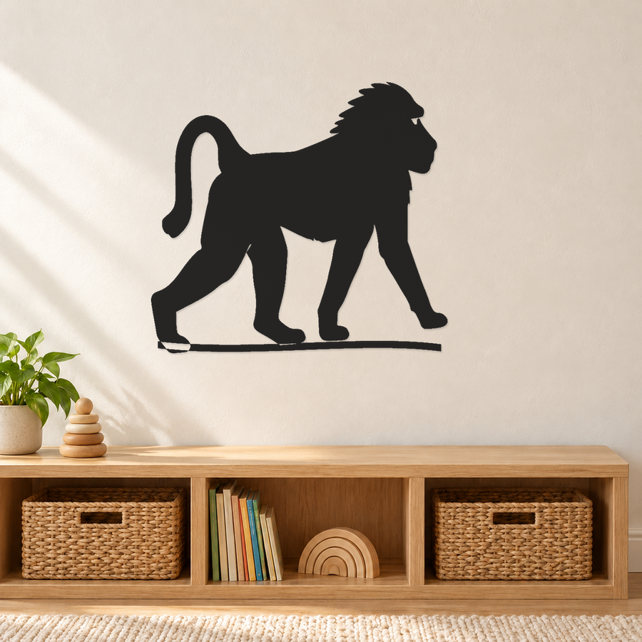 Black mirrored baboon vinyl decal, full-body standing on a horizontal base