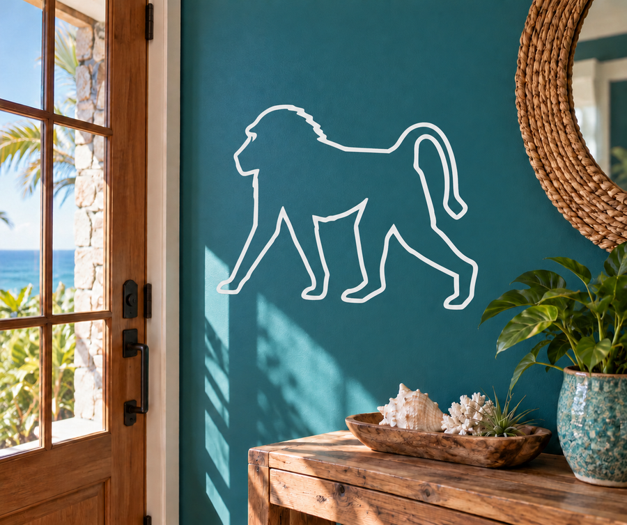 Walking baboon vinyl decal with arched tail outline, white line art.