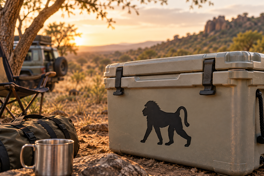 Baboon vinyl decal silhouette on gray cooler, curved tail and standing stance