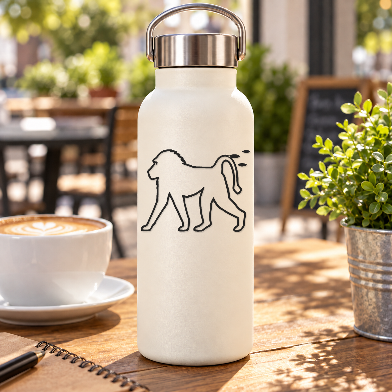 White water bottle with stainless lid, walking baboon outline decal