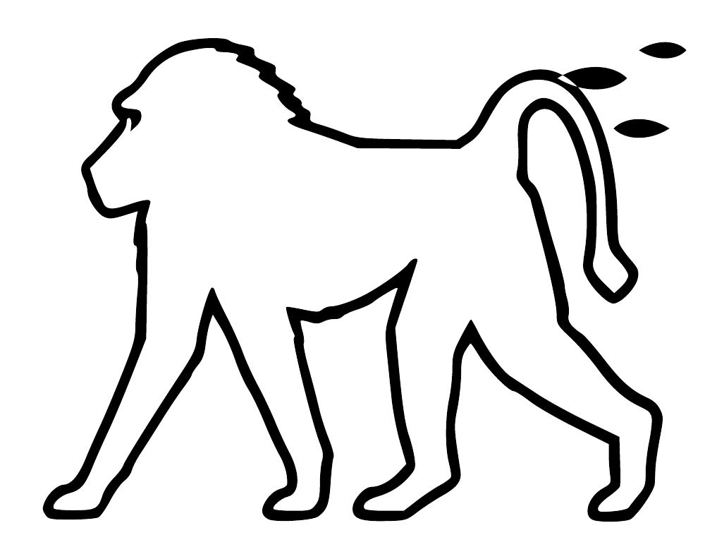 Walking baboon outline graphic in black on white background