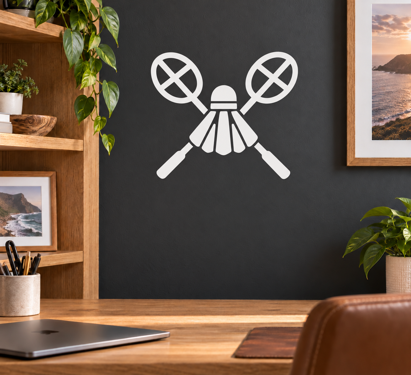 Crossed rackets emblem vinyl decal with shuttle center, black and white
