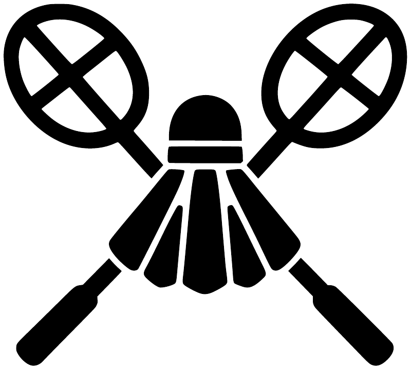 Close-up crossed rackets emblem vinyl decal with shuttle, black and white