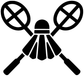 Close-up crossed rackets emblem vinyl decal with shuttle, black and white