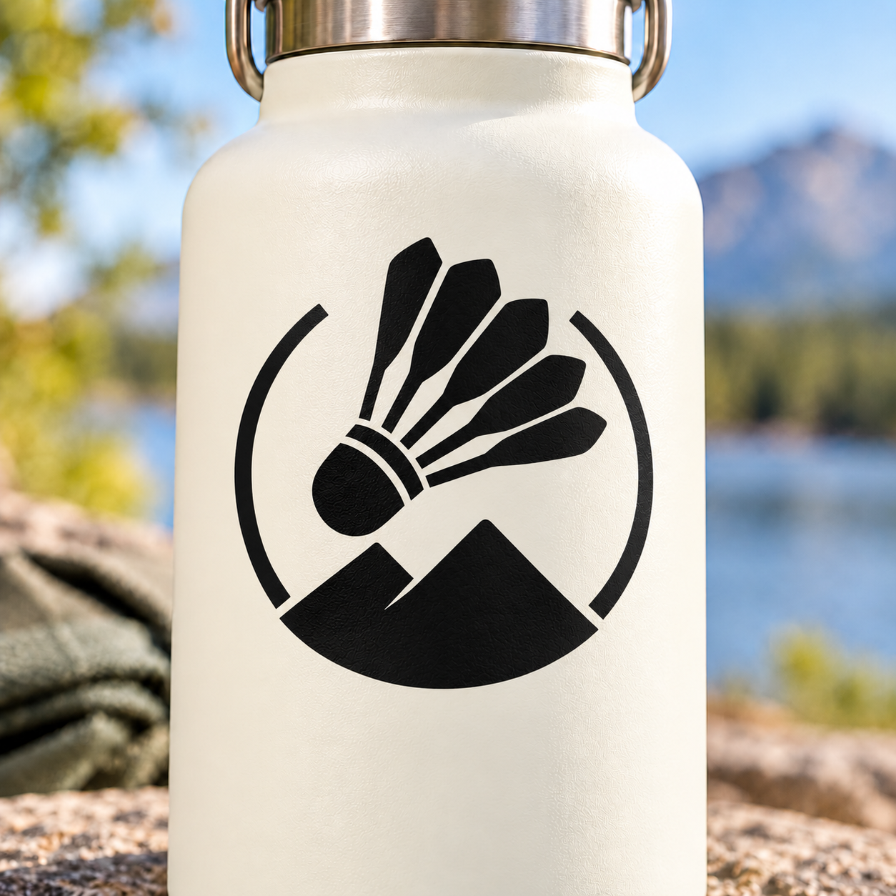 Black circular vinyl decal with badminton hand and mountain graphic