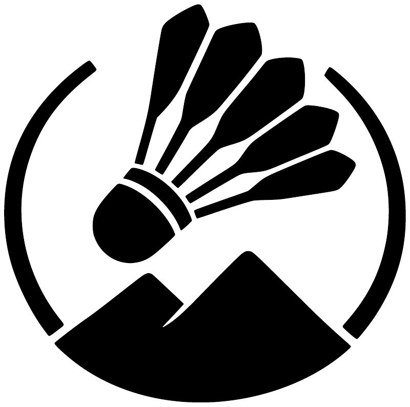 Black circular vinyl decal with badminton hand and mountain silhouette