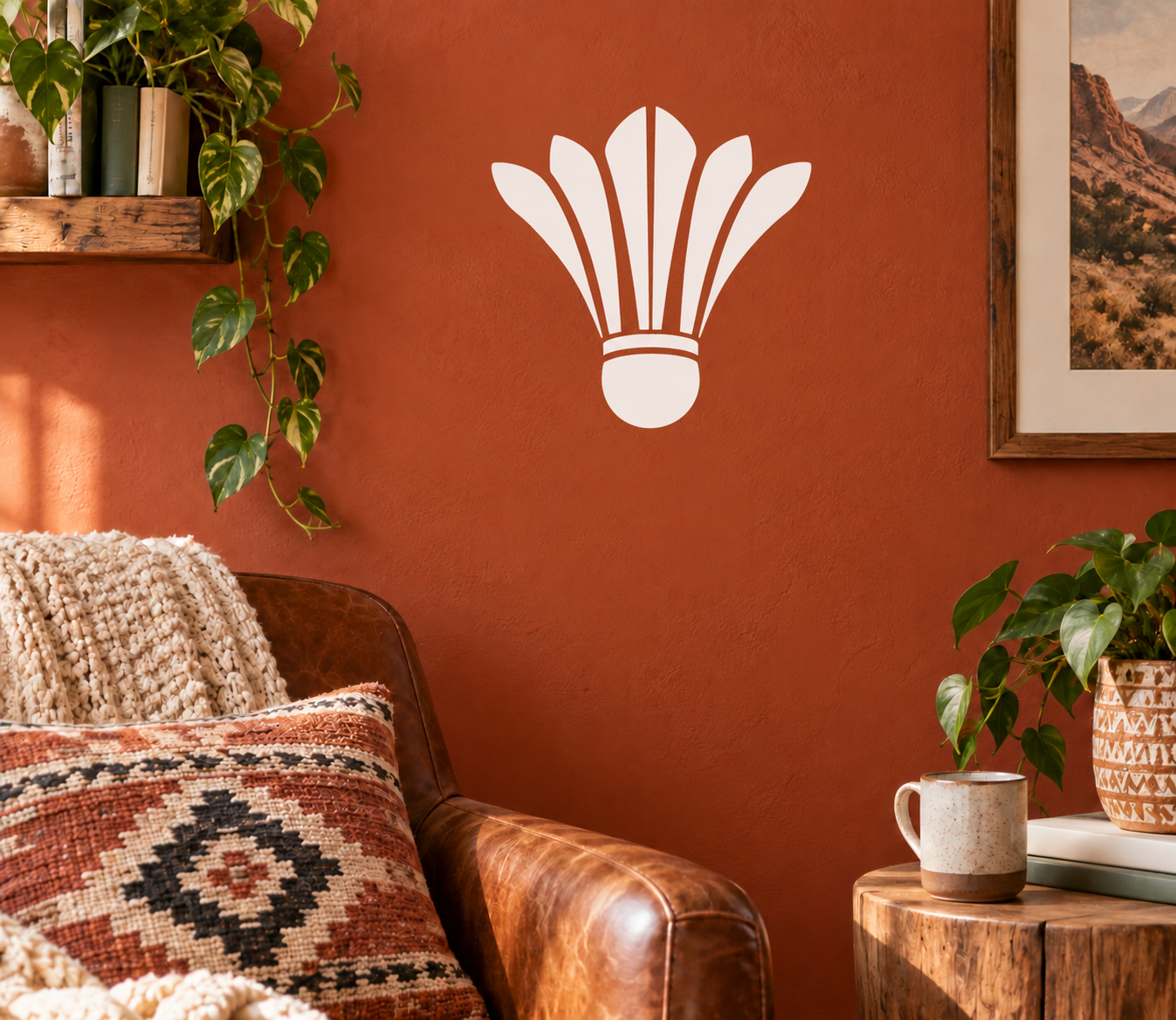 Shuttlecock feather fan vinyl wall decal, white shuttle silhouette on wall