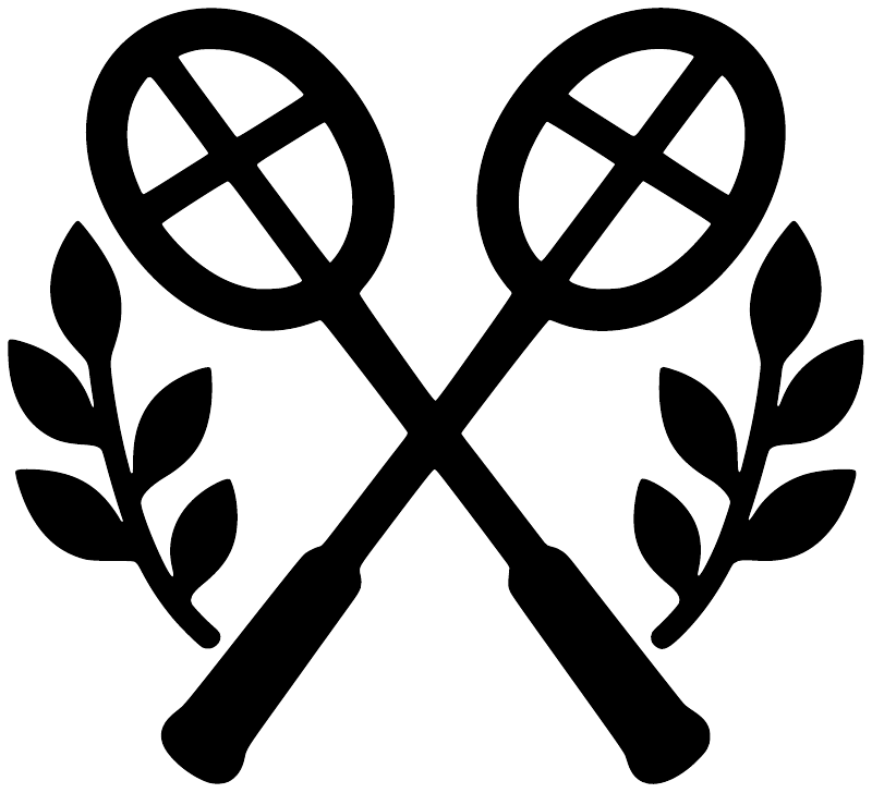 Black badminton racket and laurel vinyl decal pair with crossed rackets and leaf outlines