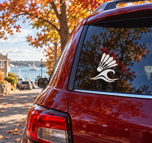 Black badminton shuttle and wave vinyl decal on car rear window