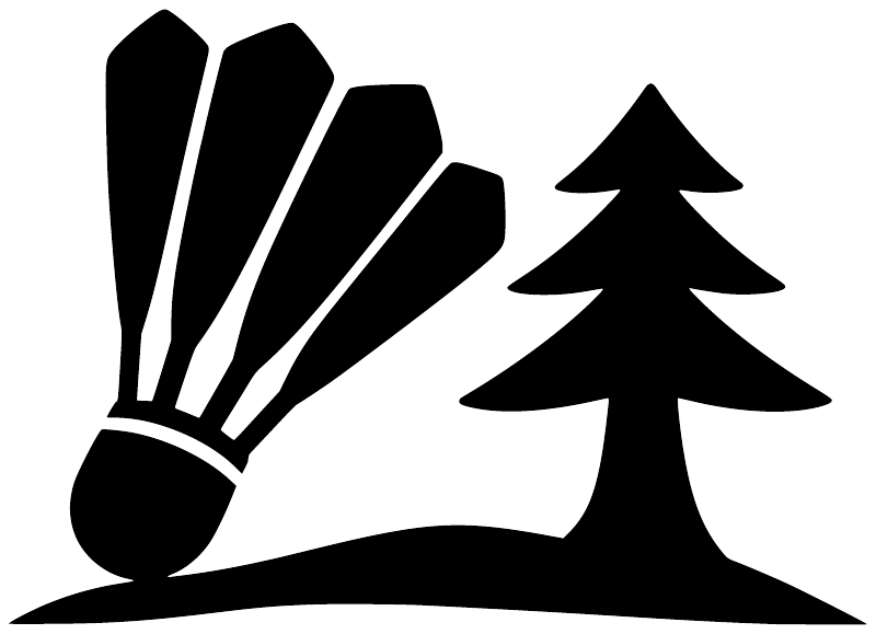 Black vinyl decal graphic: shuttlecock silhouette with pine tree and landscape horizon.