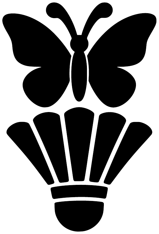 Black badminton butterfly crest vinyl decal: butterfly above shuttlecock with crown