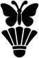 Black badminton butterfly crest vinyl decal: butterfly above shuttlecock with crown