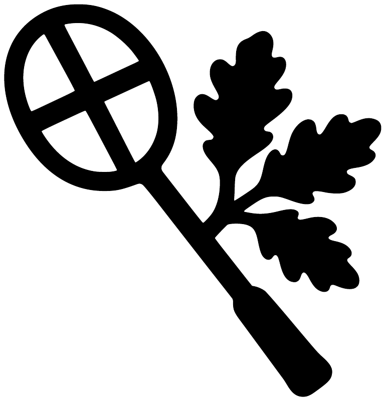 Badminton racket with oak leaf sprig vinyl decal silhouette, black on white
