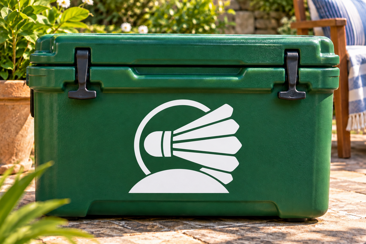 Badminton shuttle medallion vinyl decal, white on dark green cooler surface