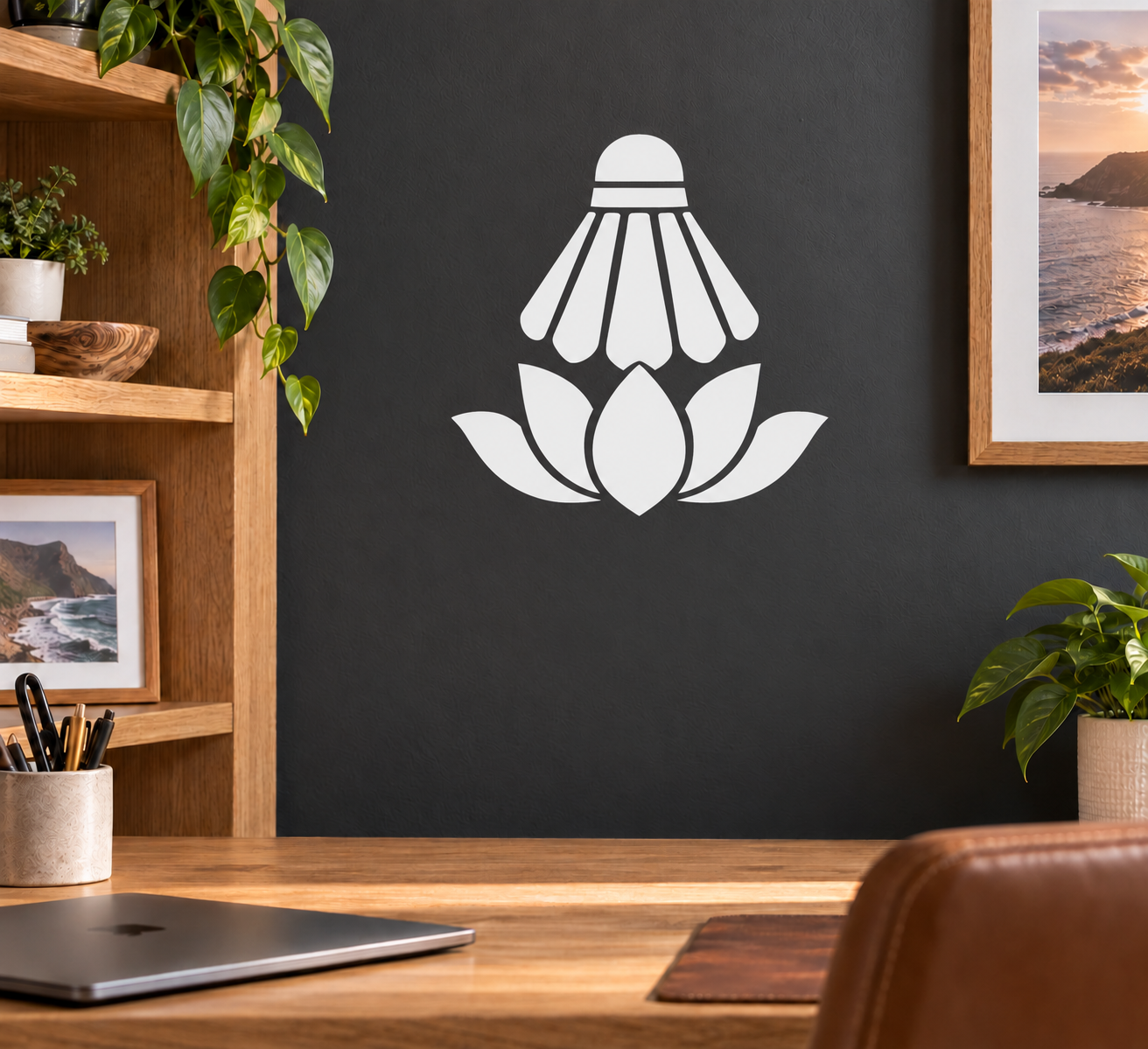 Lotus and shuttlecock emblem vinyl decal, white design