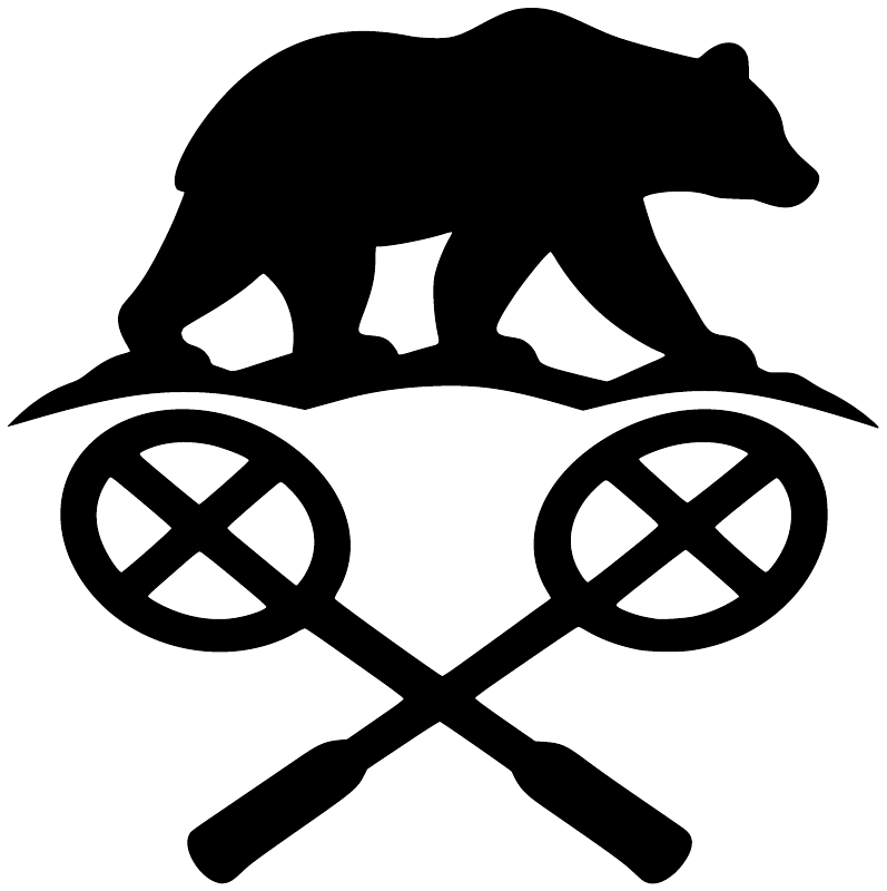 Badminton bear vinyl decal, bear silhouette with crossed badminton rackets