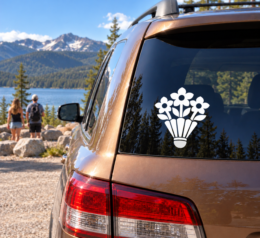 Wildflower crown vinyl decal on car rear window, white flower bouquet with stems