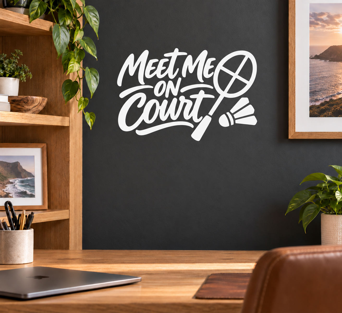 White vinyl decal reading 'Meet Me on Court' with badminton racket and shuttle graphic.