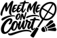 Black vinyl decal reading 'Meet Me on Court' with badminton racket and shuttle icons.