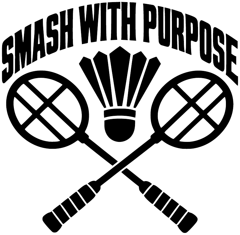 Close-up vinyl decal: “SMASH WITH PURPOSE” text with crossed badminton rackets and shuttle