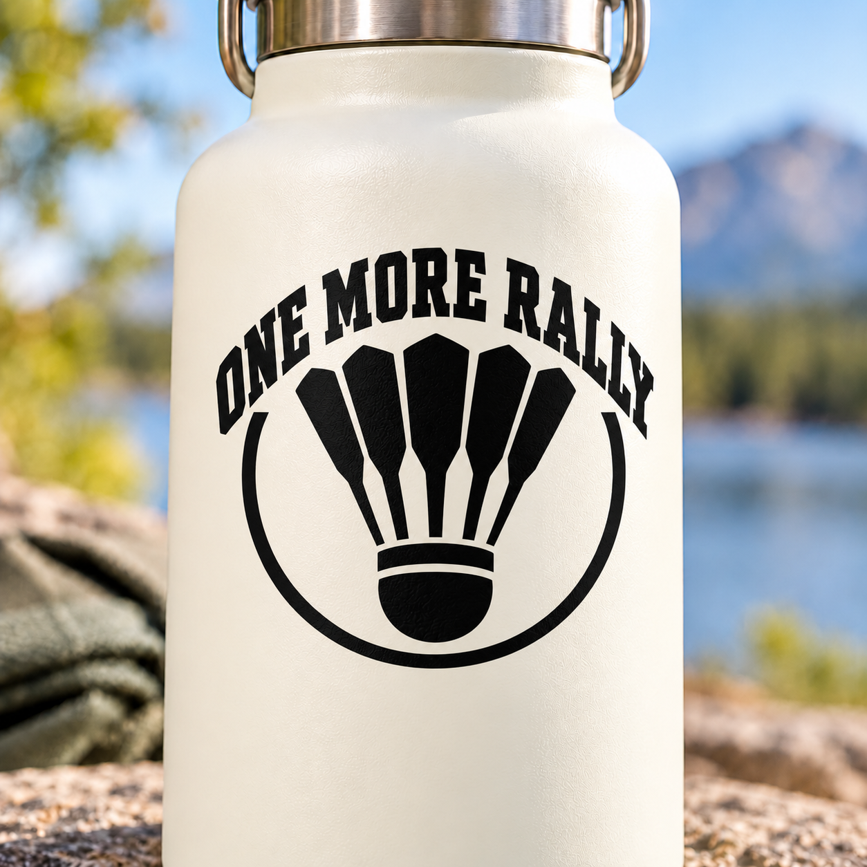 Black shuttlecock rally vinyl decal with bold "ONE MORE RALLY" text