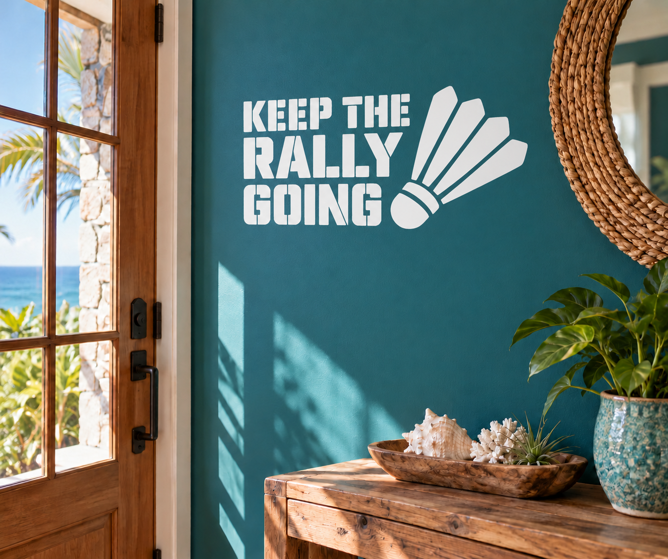 White vinyl wall decal with “KEEP THE RALLY GOING” text and shuttlecock graphic