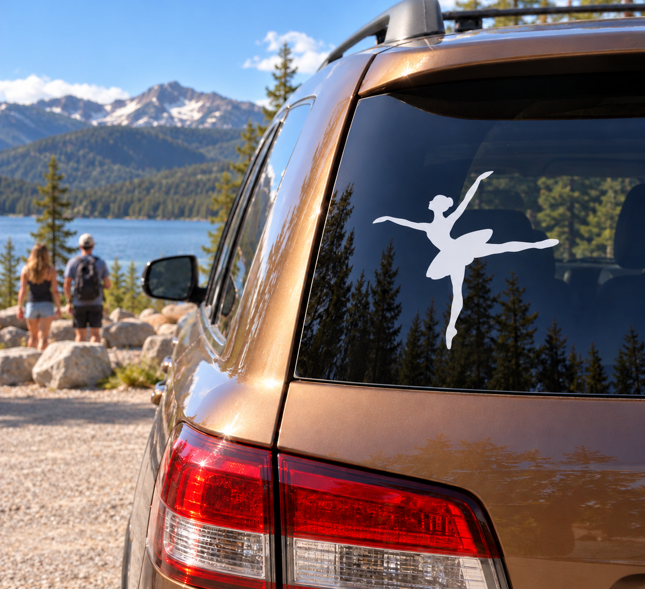 Ballet arabesque sweep vinyl decal, black dancer silhouette on car rear window