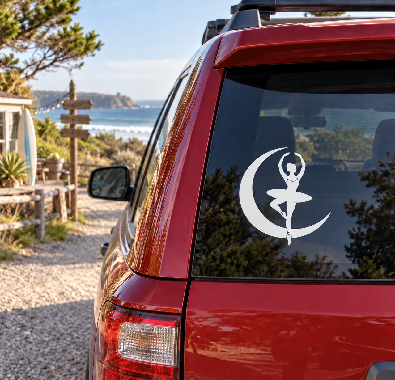 Ballet crescent vinyl decal: white dancer silhouette on dark crescent for car glass