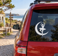 Ballet crescent vinyl decal: white dancer silhouette on dark crescent for car glass