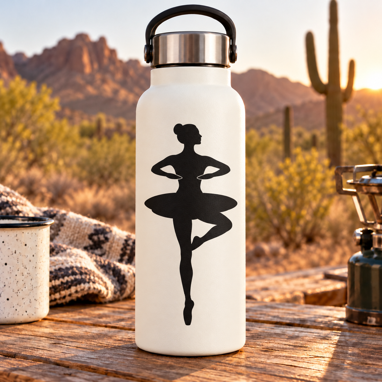 Ballet dancer turn silhouette vinyl decal, black figure on light bottle