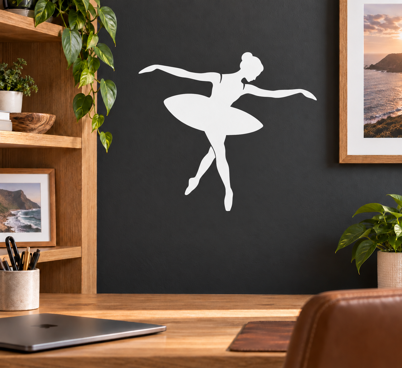 Ballet dancer silhouette vinyl decal, white bow-style dancer on dark wall
