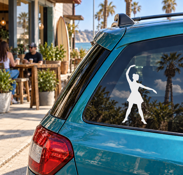 Ballet side-stretch vinyl decal of white dancer silhouette on car window