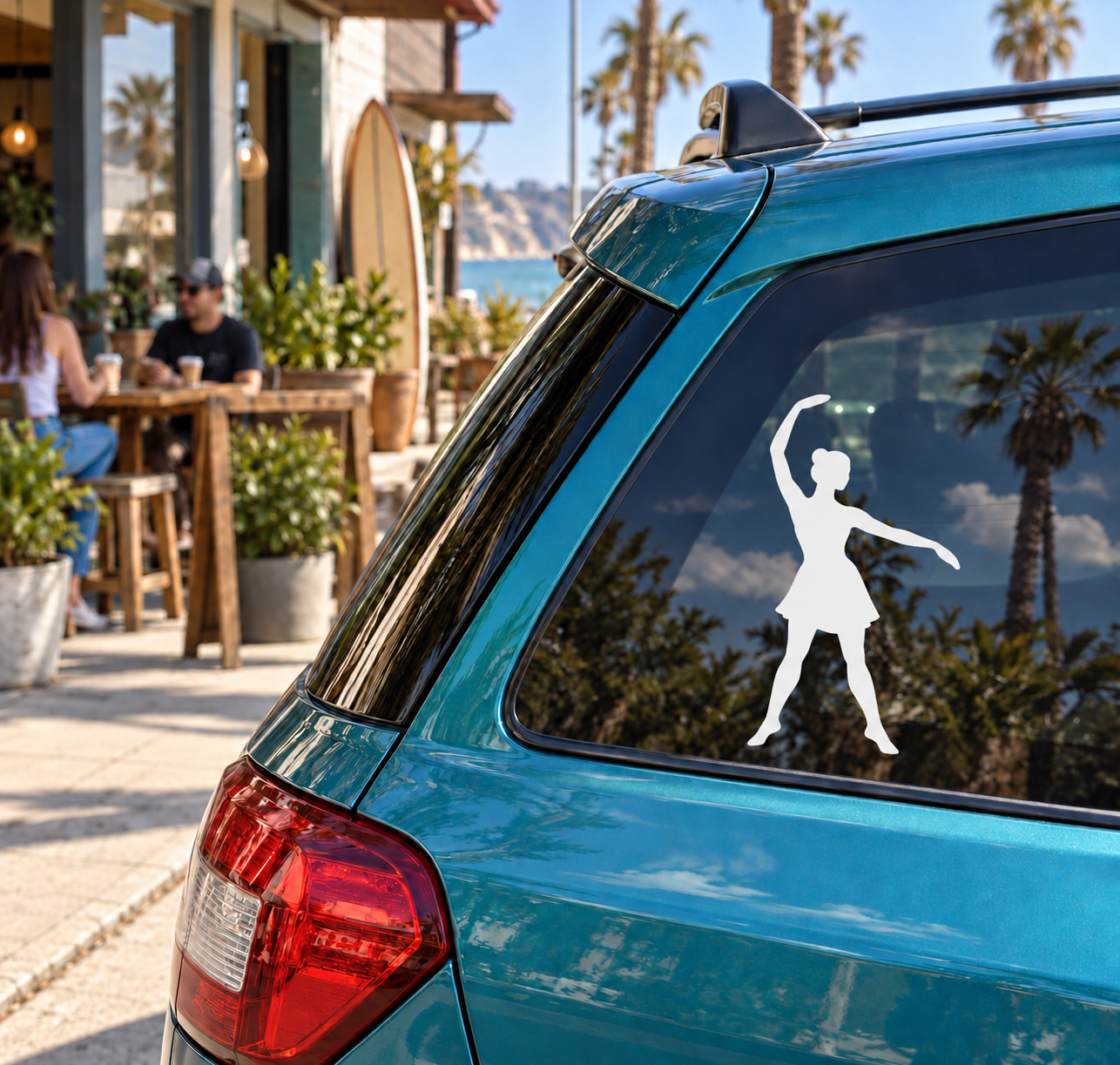 Ballet side-stretch vinyl decal of white dancer silhouette on car window