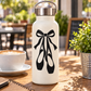 Ballet ribbon vinyl decal pair on white bottle, black bow and ballet shoe shapes