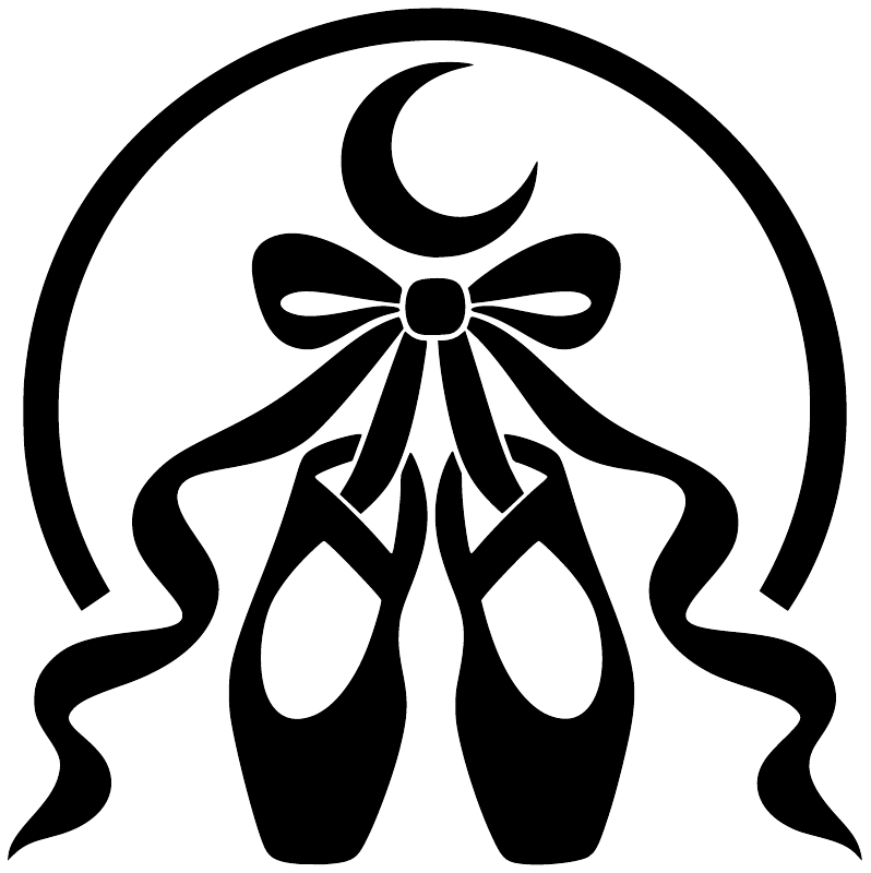Ballet vinyl decal: black ballerina under crescent moon with bow and tutu outlines