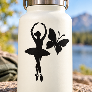 Ballet dancer vinyl decal with butterfly silhouette in black on a light background