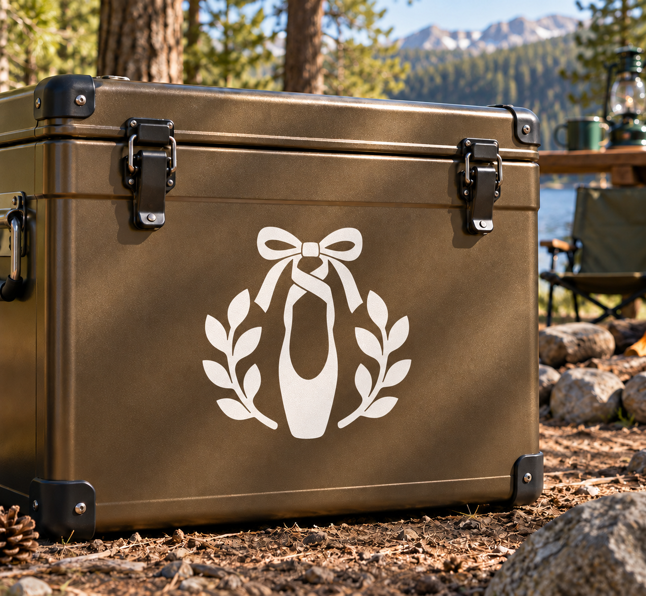Ballet slipper vinyl decal: white slipper with bow and laurel leaves on tan case
