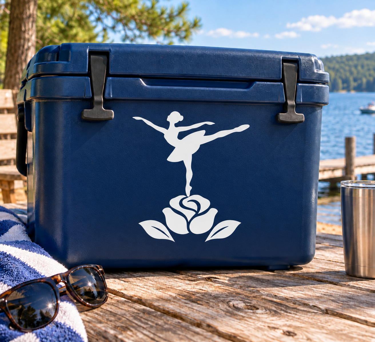 White ballet dancer silhouette vinyl decal above a rose with leaves