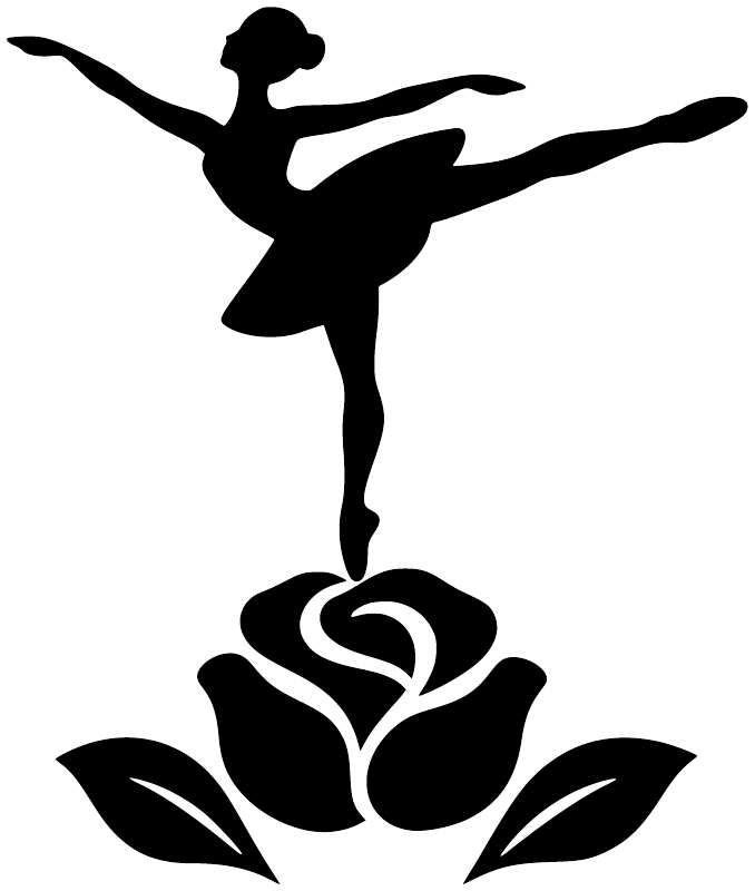 Black ballet dancer vinyl decal over a rose with swirling stem and leaves